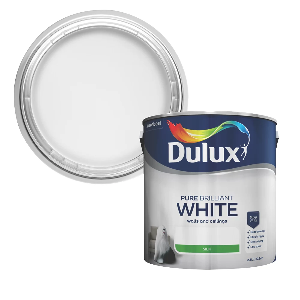 Dulux Silk Pure Brilliant White Emulsion Paint 2.5Ltr - Image 2